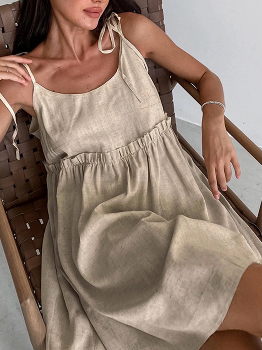 NWT Commense Size Small Cotton Linen Tie-Shoulder Mini Dress in Beige Tan Ruffle - Picture 2 of 15